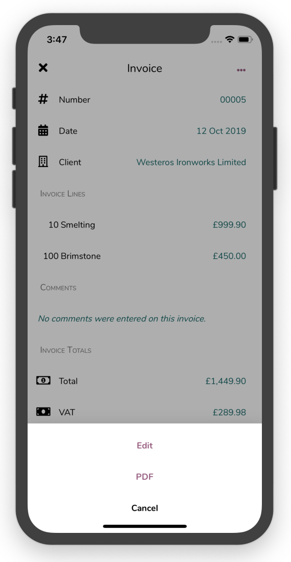 view invoice with menu view